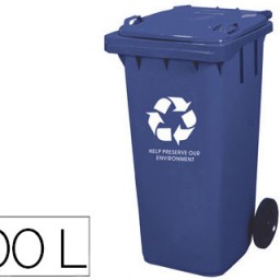 KF04240 Papelera contenedor Q-Connect plástico azul con tapa y ruedas 100 l.