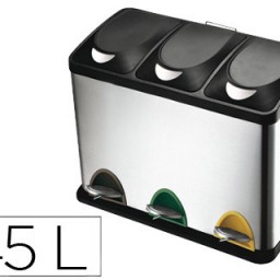 Papelera contenedor Q-Connect metálica con tapadera y pedal 3 depositos 45 l.