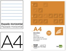 RA02 Recambio Liderpapel A4 100h 100g/m² rayado horizontal con margen 4 taladros