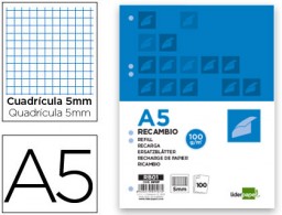 RB01 Recambio Liderpapel A5 100h 100g/m² c/5mm. con margen 6 taladros