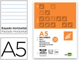 RB02 Recambio Liderpapel A5 100h 100g/m² raya horizontal con margen 6 taladros