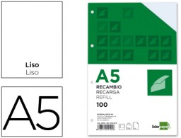 RB03 Recambio Liderpapel A5 100h 100g/m² lisas con margen 6 taladros