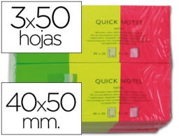 KF01224 3x50 notas adhesivas quita y pon Q-Connect 40x50mm. neón verde amarillo rosa