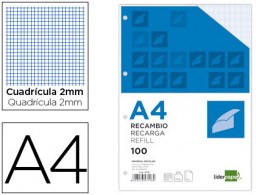 RA04 Recambio Liderpapel A4 100h 100g/m² milimetrado con margen 4 taladros