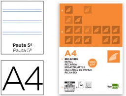 RA07 Recambio Liderpapel A4 100h 100g/m² pauta 2,5mm. con margen 4 taladros