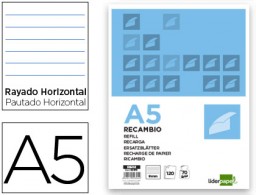 RE02 Recambio Liderpapel A5 120h 80g/m² raya horizontal 6 taladros banda 5 colores