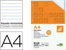 RE06 Recambio Liderpapel A4 100h 100g/m² raya horizontal 4 taladros banda 5 colores