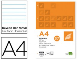 RA09 Recambio Liderpapel A4 100h 100g/m² rayado horizontal doble margen 4 taladros
